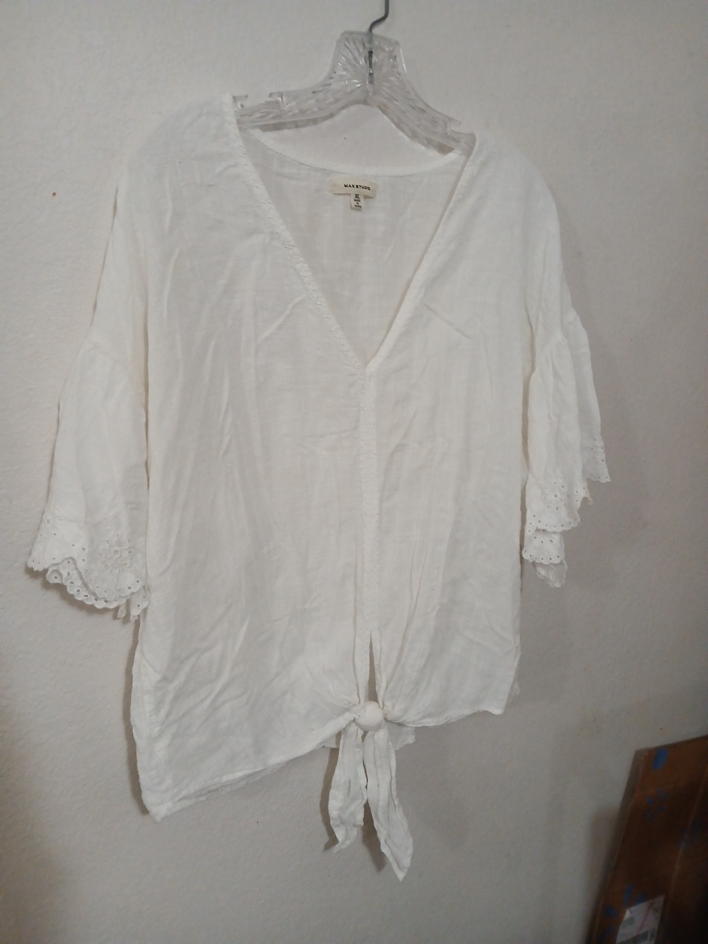 Max Studio White Eyelet-Sleeve Tie-Front Blouse
